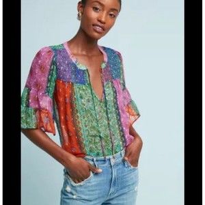 Anthropologie Akemi + Kin Antonella Size Small Peasant Top Colorful Bohemian Art